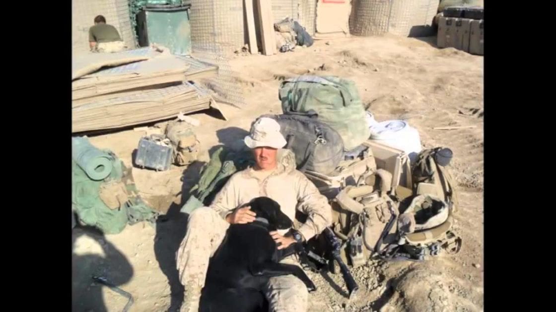 An adult male soldier in a light-colored camouflage uniform with white bucket hat and gloves, accompanied by a black Labrador Retriever on an outdoor military base during daytime.