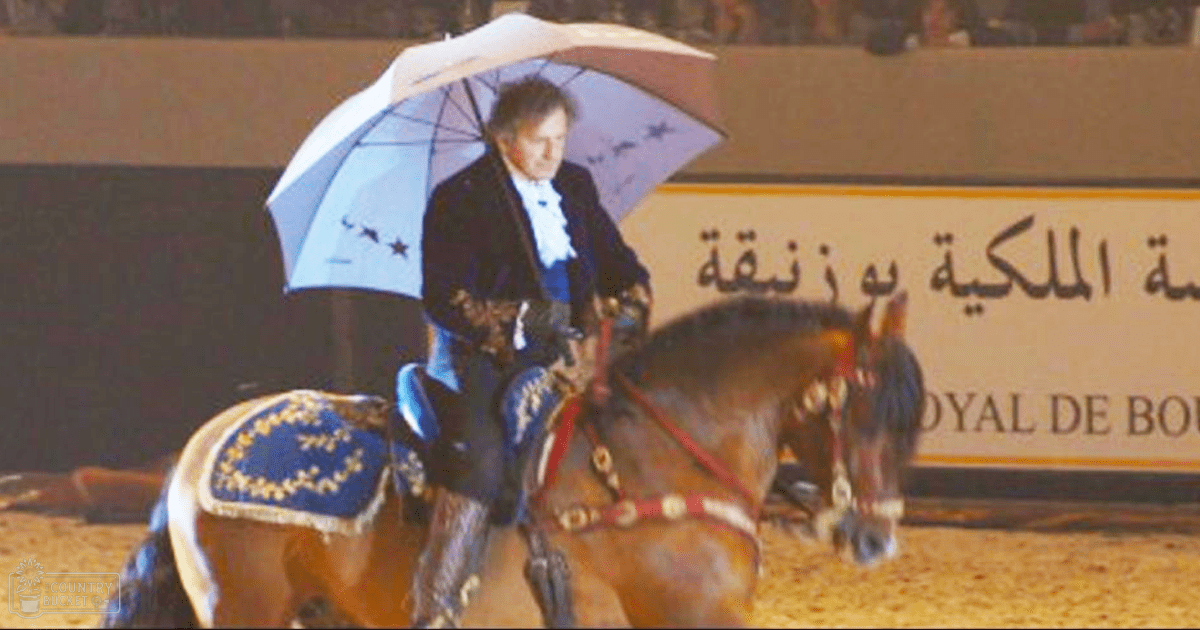 A middle-aged male rider in a dark suit and white shirt with a bow tie, holding an umbrella with blue stars, riding a dark-colored thoroughbred horse indoors at Royal de Boule venue under artificial evening lighting.