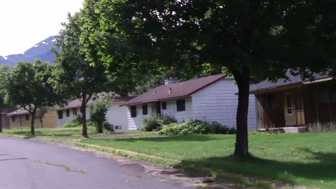 A residential neighborhood with houses surrounded by green lawns and trees under a clear sky in summer.