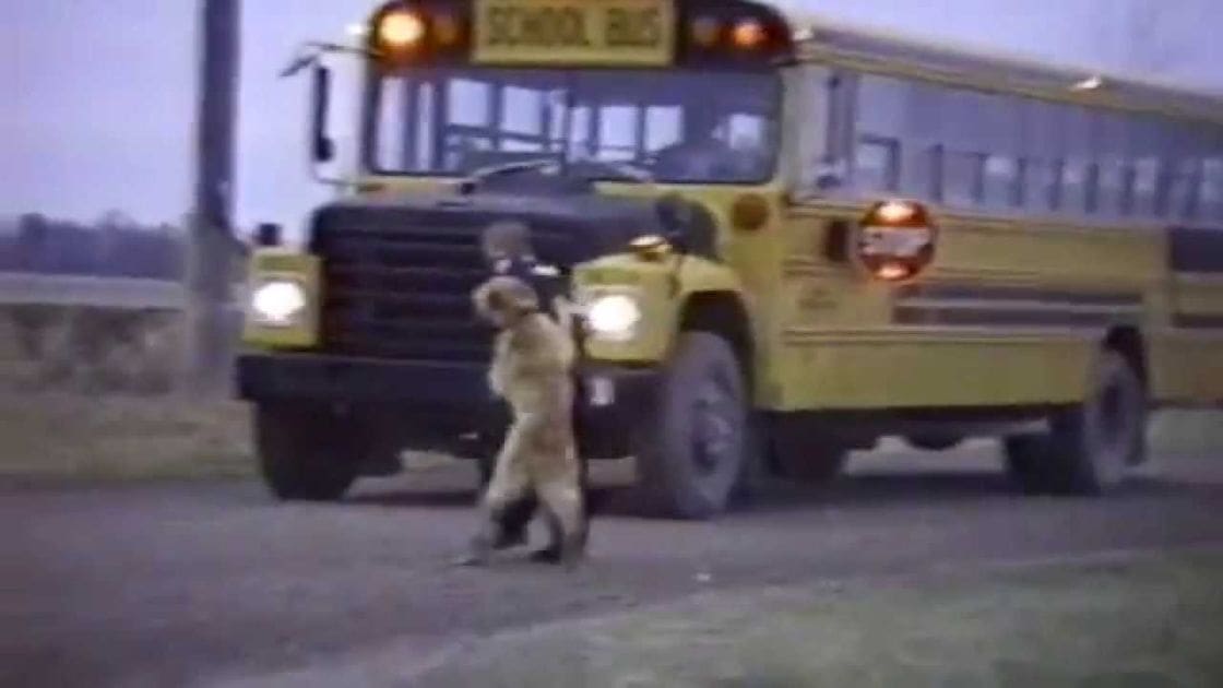 A young adult female wearing a light-colored jumpsuit near a yellow school bus on an urban street with concrete barriers.