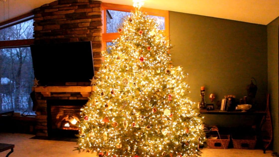 A cozy living room decorated for Christmas with a large lit tree, mantel shelf, stone fireplace, and snowy outdoor view.