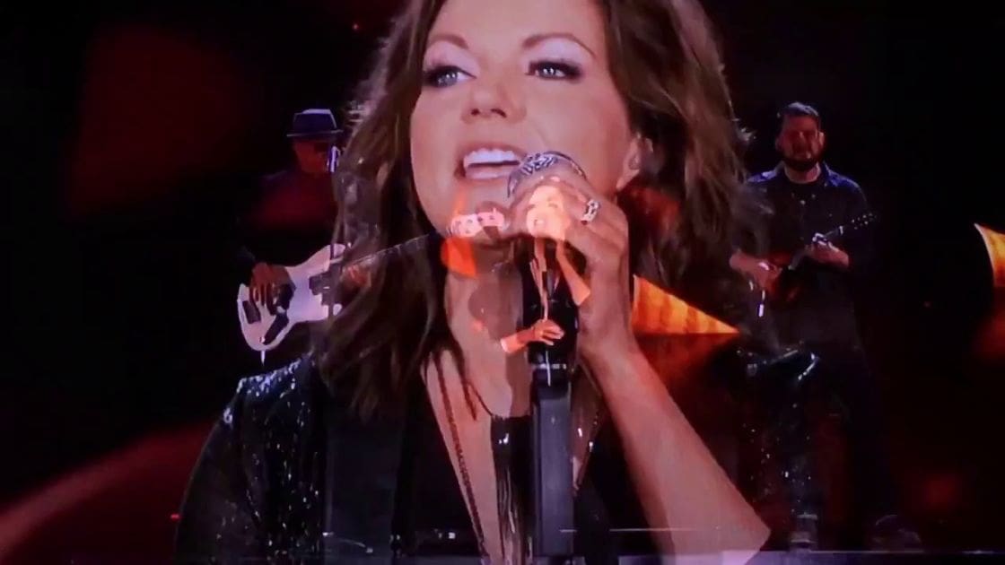 A female adult singer in a black leather jacket at a concert with visible microphones on stage.
