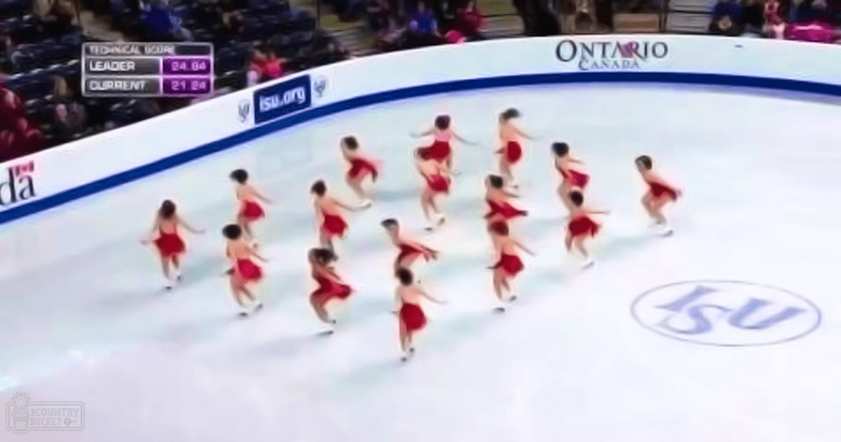 A synchronized skating team in red and white costumes performs at an indoor ice rink in Ontario, Canada under artificial lighting.