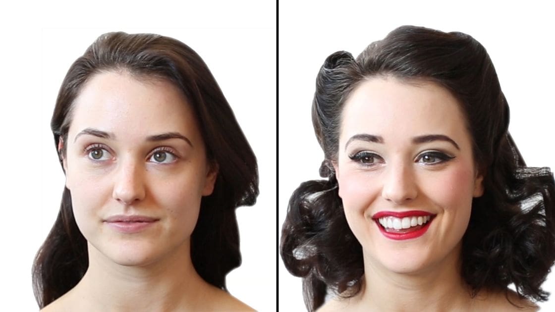 Young adult female in studio setting with plain white background, comparing two different settings possibly for makeup styles.