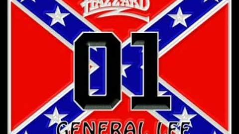 A digital graphic design with a Confederate flag emblem as its background, bold lettering reading '01' and 'GENERAL LEE', with red, white, blue, and black colors dominating the composition.