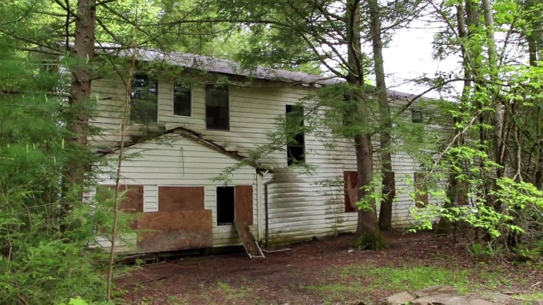 Abandoned house in overgrown wooded area with dilapidated white structure, daytime natural light filtering through trees