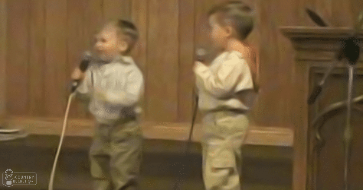 Two toddlers wearing matching outfits, singing into microphones in a room with wooden paneling.