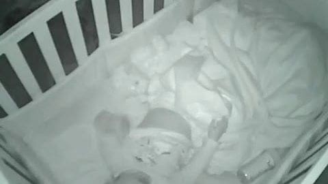 A tabby kitten with a striped brown and black pattern lies in an indoor crib next to a baby wearing a white onesie with small dots or circles, suggesting it might be evening based on the artificial light source.