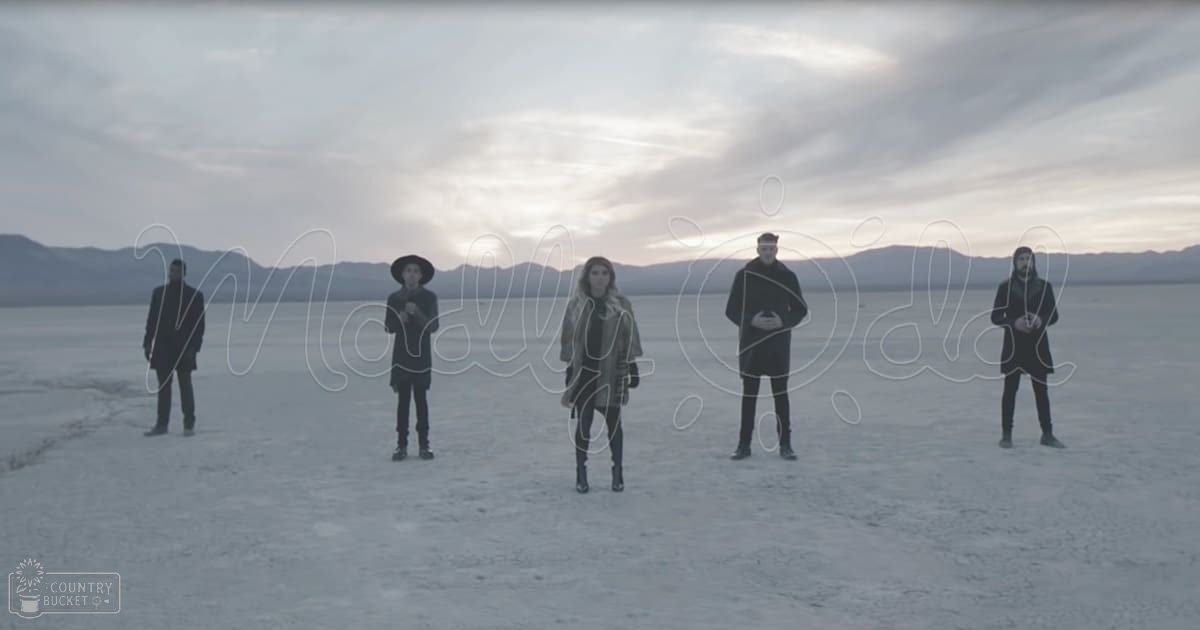 Five individuals standing in a flat landscape with mountains in the background; overcast sky, muted tones of grays, whites, and dark blues.