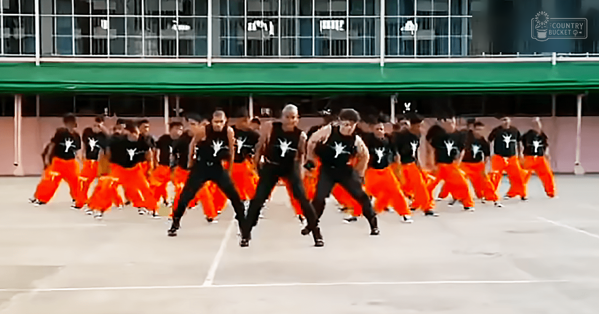 A group of young adult male dancers performing in an outdoor setting with a large building and green roof behind them.