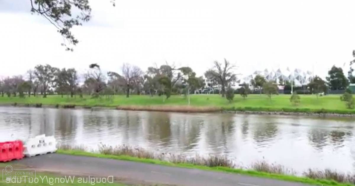 A serene park scene with a body of water, grassy areas, trees, and a distant sports stadium or arena under an overcast sky with diffused natural light.