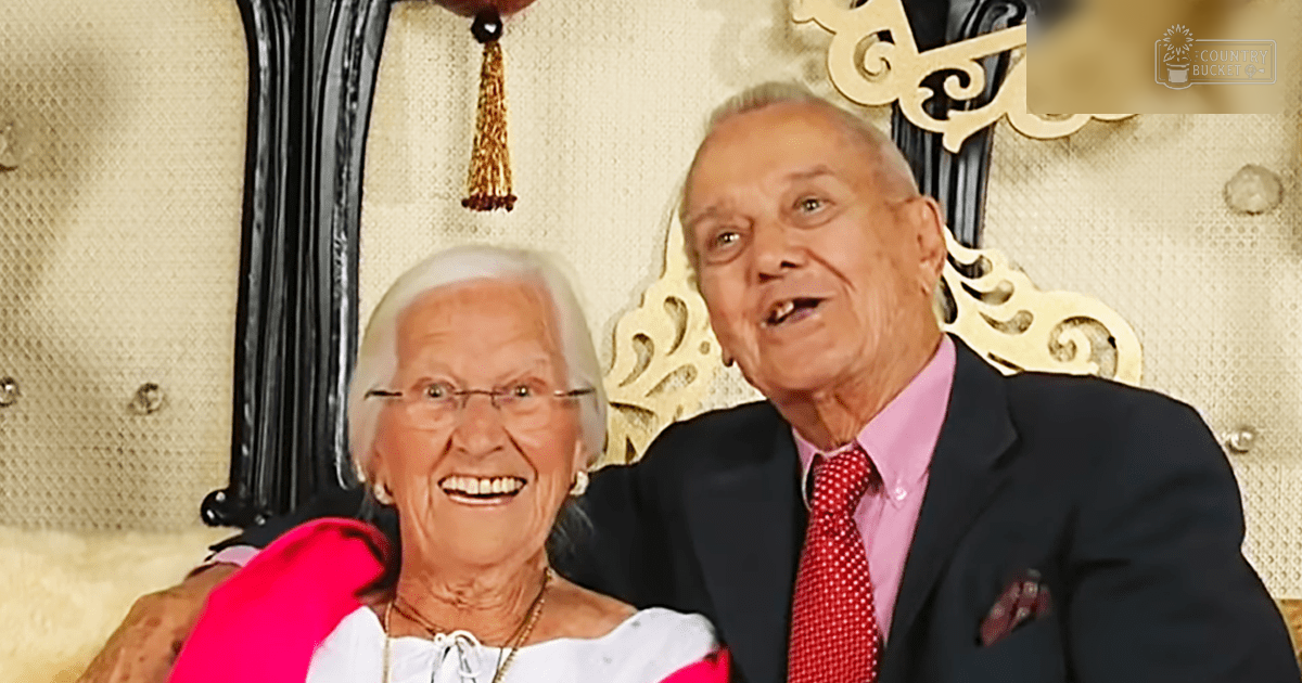 An older couple dressed formally in a wedding or special event setting. Woman wears a white lace blouse with pink shawl and gold jewelry; man sports a dark suit jacket, light pink dress shirt, red polka dot tie, and patterned pocket square.