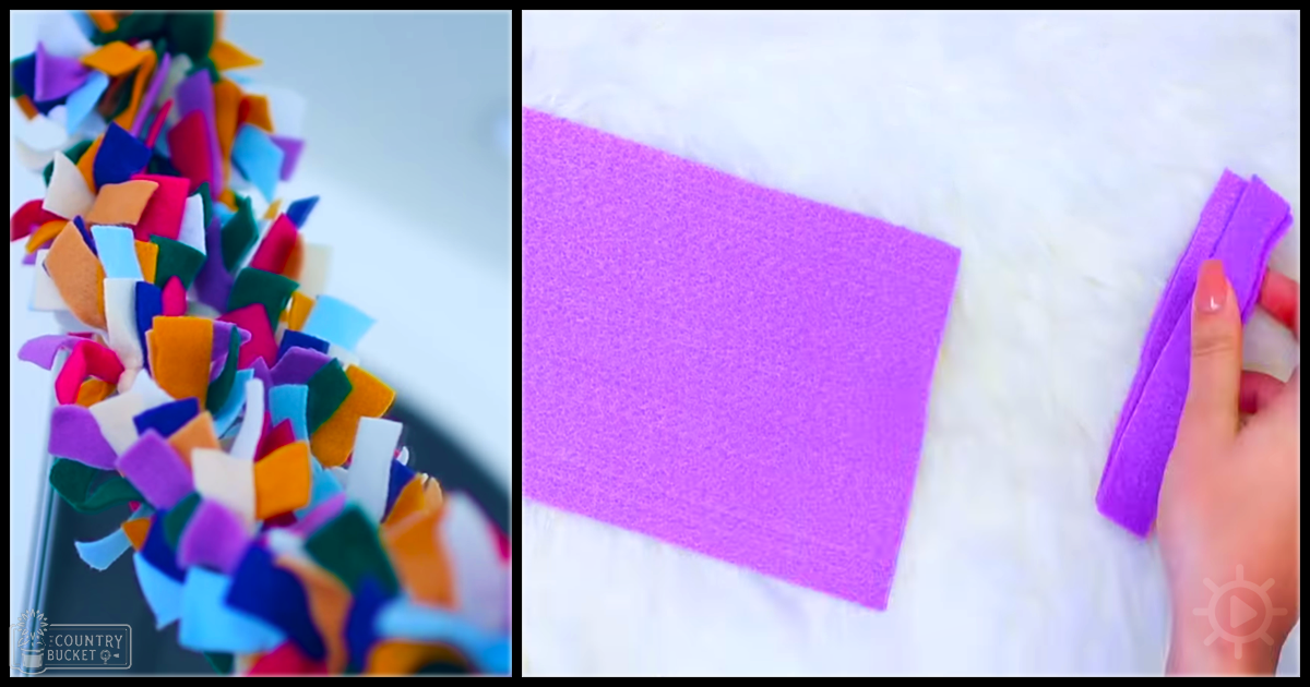 A crafting project with colorful felt decorations on a plain light background.