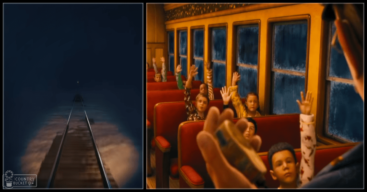 A nighttime train journey interior scene with children in patterned shirts and red-clothed passengers, with an orange armrest visible against a starry sky backdrop.