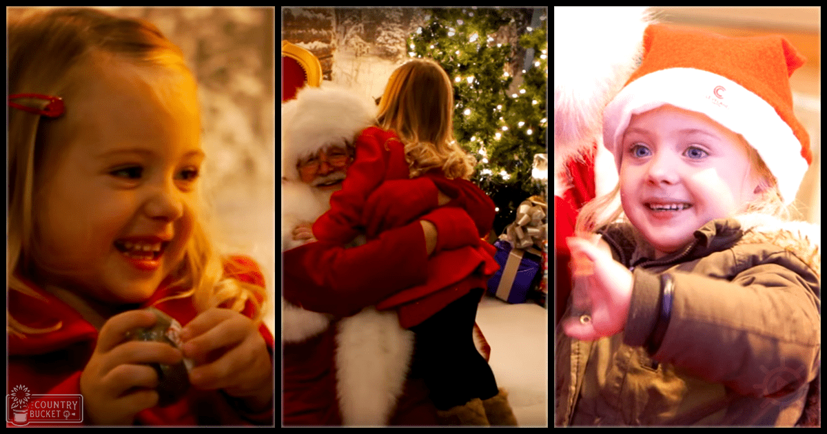 A toddler girl in various Christmas-themed settings, holding an ornament, wearing Santa's attire with a decorated tree and Santa Claus figure in the background.