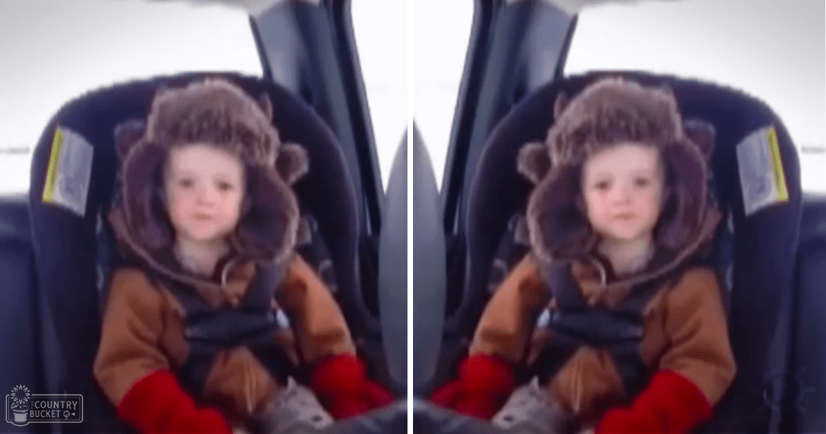 A toddler in a brown hooded garment with red sleeves sits in a car seat inside a vehicle, with natural daylight illuminating the scene.