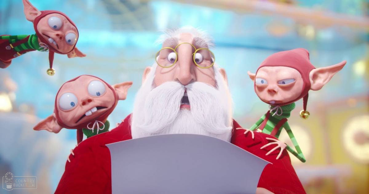 A festive Christmas scene with Santa Claus, elves in green outfits, and bright holiday decorations.