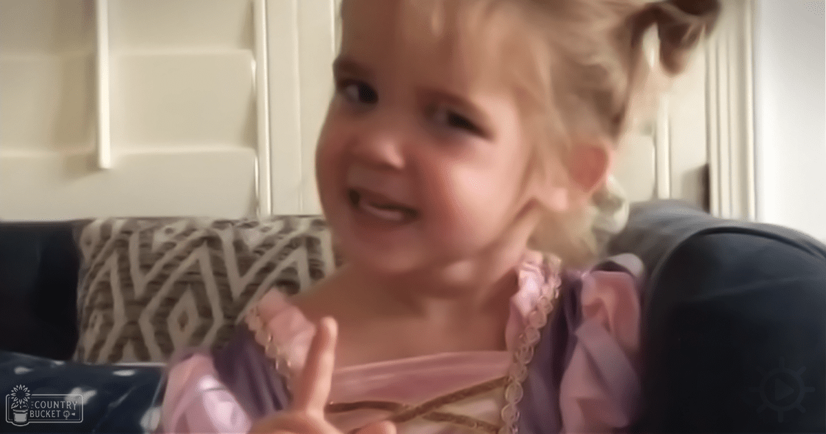 A smiling toddler in a princess-inspired pink outfit with ruffled sleeves, holding something, wearing a gold necklace. The setting is an indoor living room with furniture and home decor.