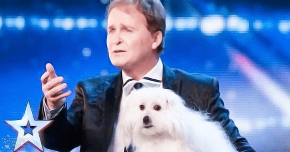 A middle-aged male in a black leather jacket and white collared shirt with a bow tie, standing on stage with blue lighting, accompanied by a white Maltese dog.