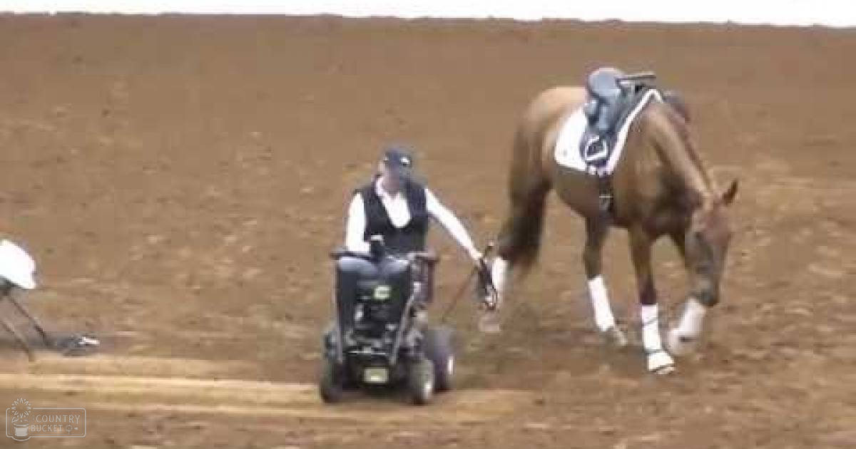 An adult male wearing dark clothing, possibly at an equestrian facility with a Thoroughbred horse nearby.