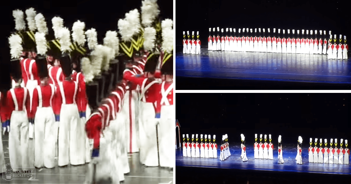 A marching band performance by young adult males in a red and white uniform with black hats adorned with plumes, taking place indoors in an auditorium or theater during evening or night time.