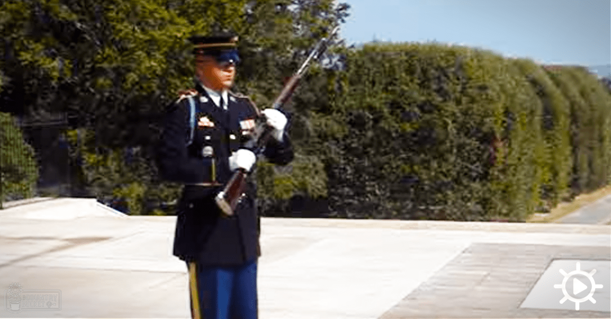 A soldier in a dark blue military uniform with gold trim stands at attention before an eternal flame, surrounded by greenery on a clear day.