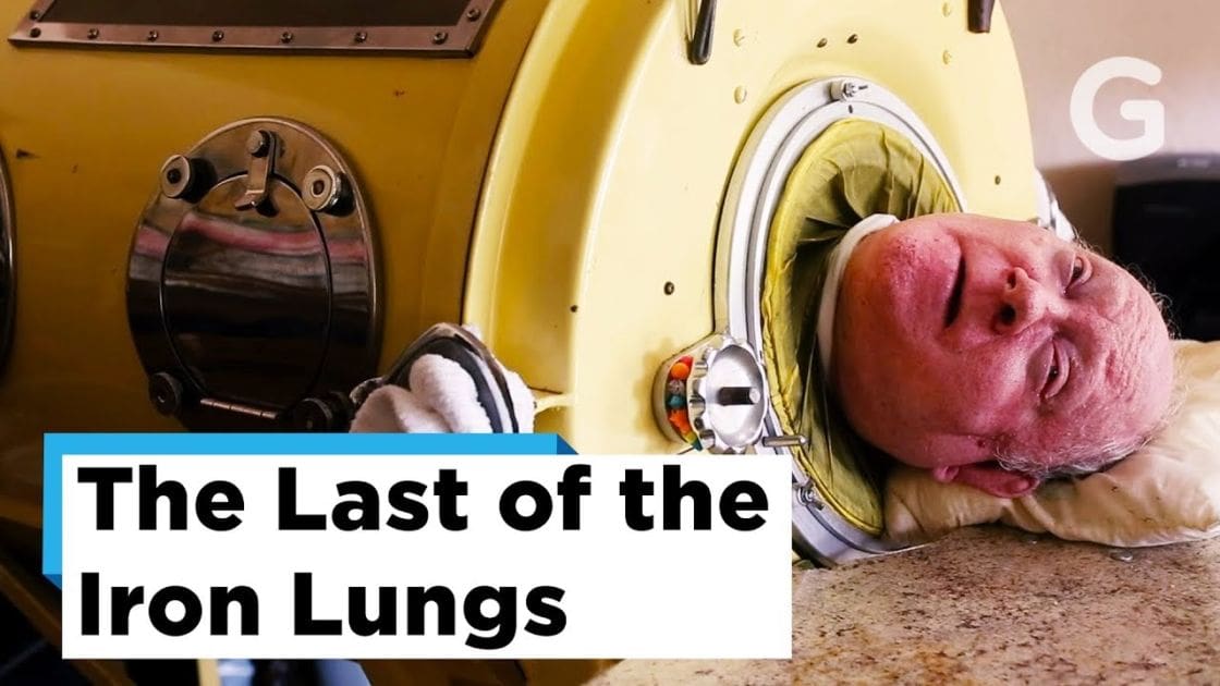 A man in an iron lung, wearing a white mid-20th century hospital gown indoors. Historical significance indicated by text overlay 'The Last of the Iron Lungs'.