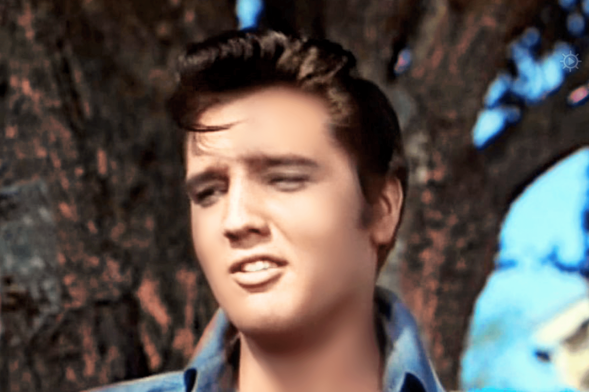 Young adult male wearing a mid-20th century style denim shirt, standing outdoors with blue foliage partially obscuring the background.