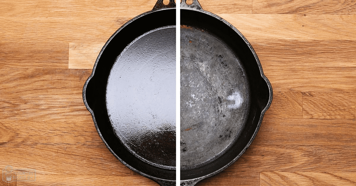Two side-by-side images of a cast iron skillet, one new and shiny, the other well-used with some wear, resting on a wooden surface indoors.