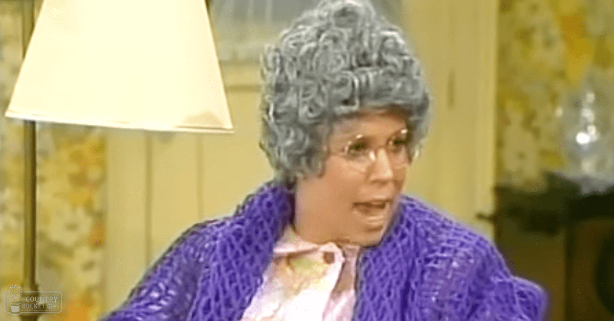 An older adult female wearing a purple knitted sweater and white shirt, sitting indoors with floral wallpaper and mid-century furniture.