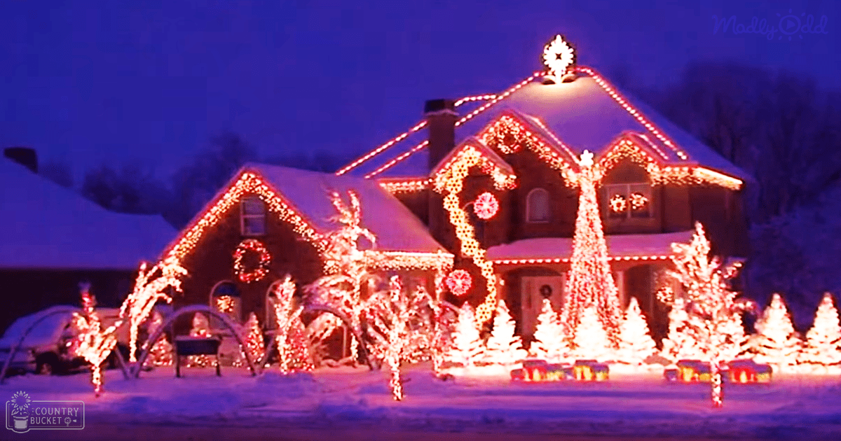 A residential area adorned with festive Christmas lights, wreaths, and ornaments during winter evening