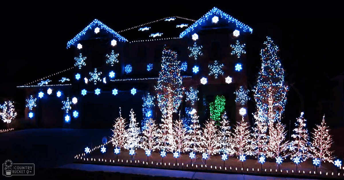 A house adorned with blue and white snowflake-shaped Christmas lights in a residential neighborhood during the winter season at night.