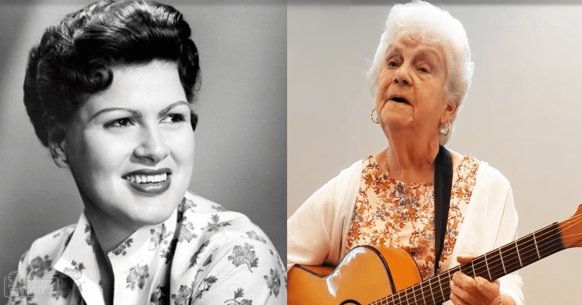 A young adult female wearing a floral-patterned blouse from the mid-20th century is juxtaposed with an older adult female in a floral dress and open cardigan, likely late 20th-century style. Both are set against plain backgrounds, possibly studio settings.