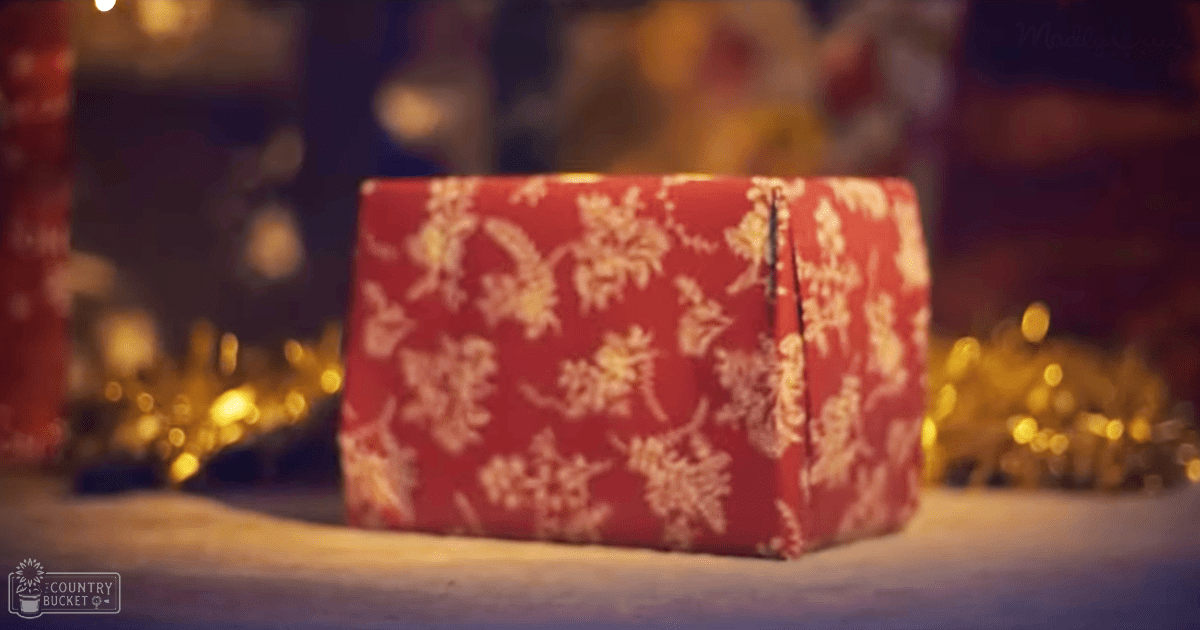 A red gift box with white floral patterns, wrapped with a gold ribbon, sits indoors during winter, surrounded by blurred holiday lights and snow on the ground.
