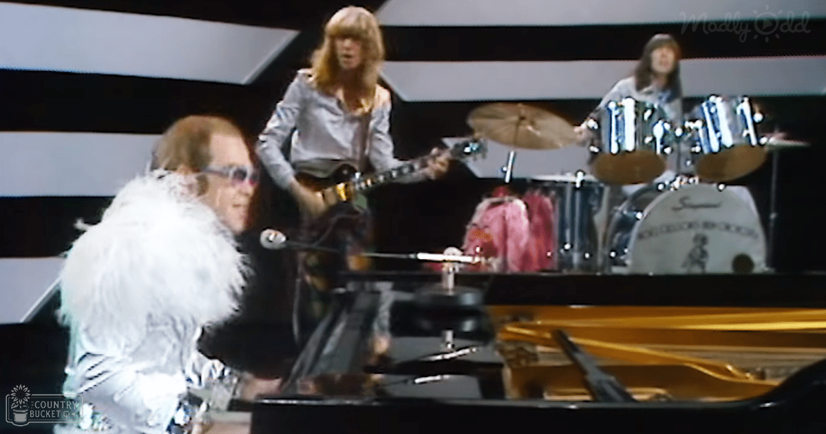 An older adult male performer wearing a white feathered jacket over a black outfit and sunglasses, playing piano on stage with other musicians in formal attire.