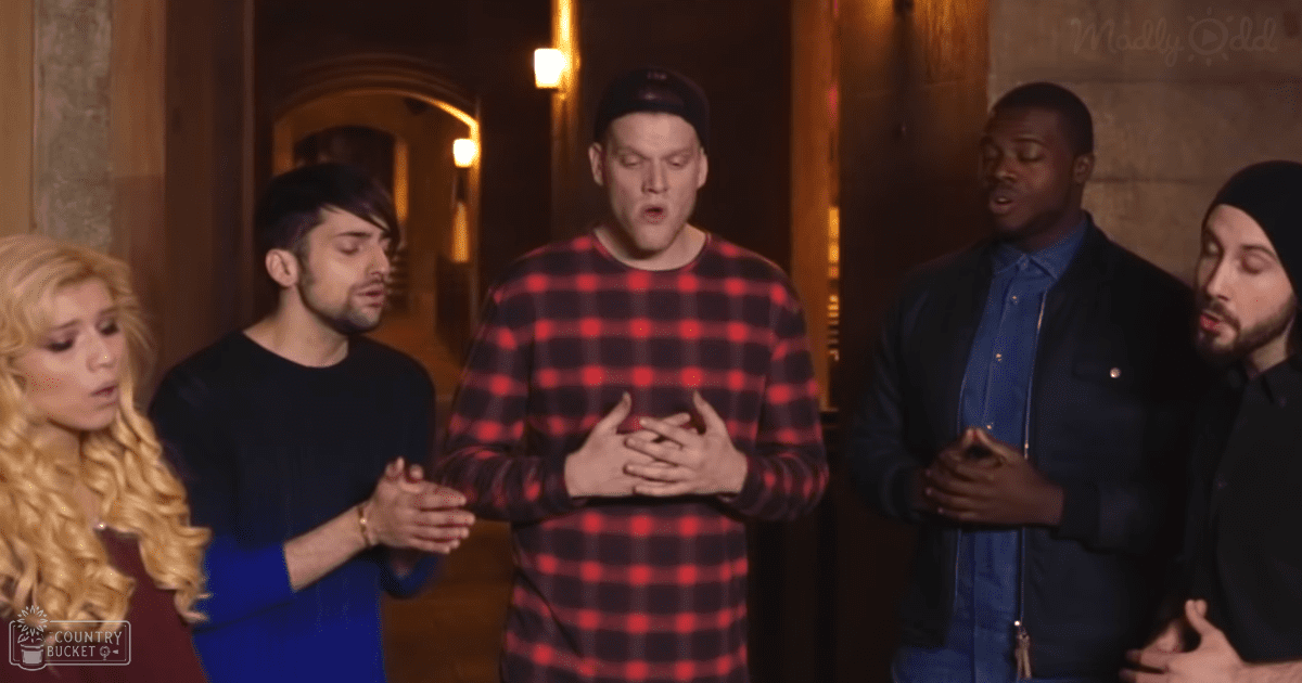 Adult female in dark red top and blue sleeves stands next to young adult male in black high-neck sleeveless shirt, alongside an adult male wearing a red and black checkered sweater with relaxed fit, another adult male of African descent in a navy blazer under a dark blue shirt, and lastly, an adult male in late twenties or early thirties wearing a black beanie and dark-colored shirt. Setting appears to be indoors within an older building, possibly evening.