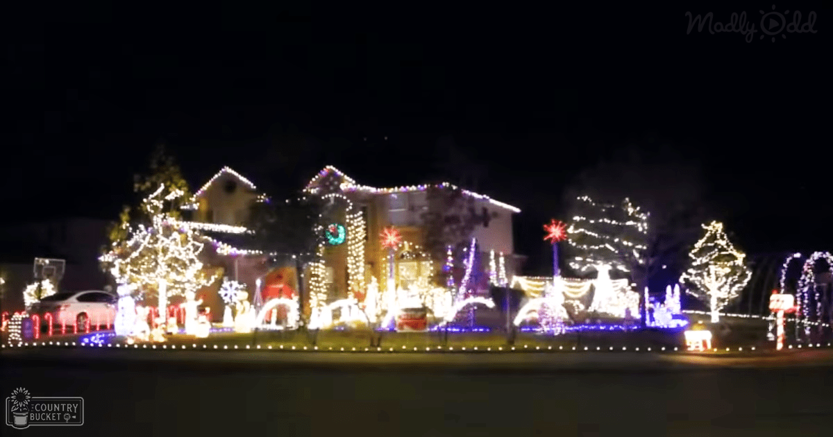 A suburban neighborhood decorated for Christmas at night with numerous festive lights and ornaments.