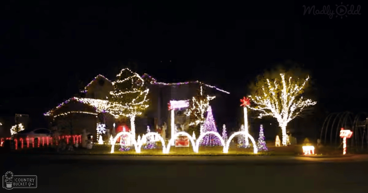 A house decorated with white and purple Christmas lights in a residential neighborhood during winter season.