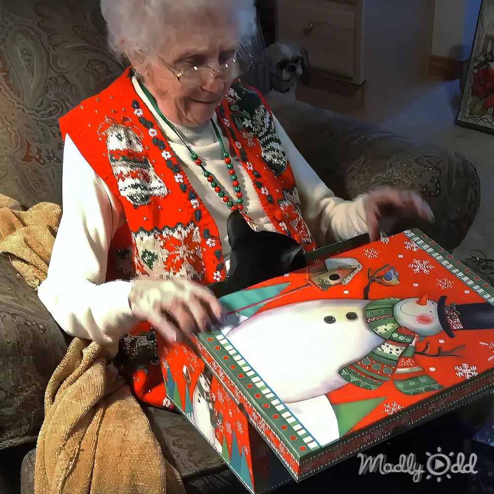 An older adult female wearing a red, white, and green patterned vest in a cozy living room with festive advent calendar designs on a table.