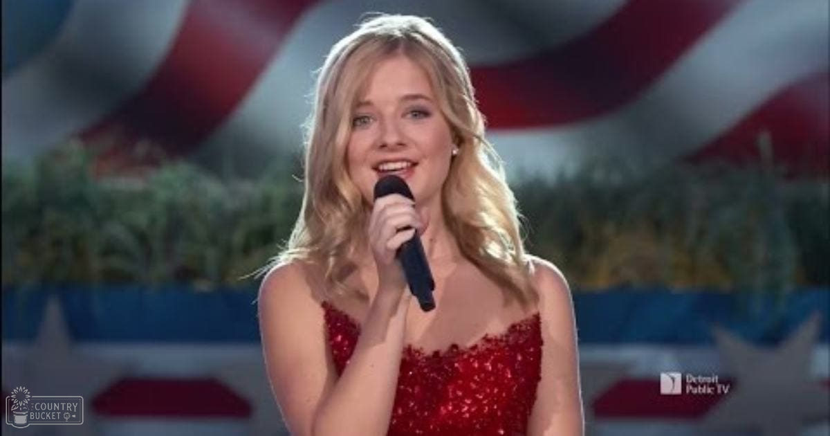 A young adult female in a sparkly red dress sings in front of an American flag backdrop, with Detroit Public TV text visible.