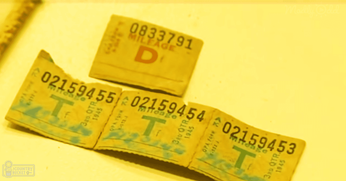 Three yellow World War II-era rationing tickets, labeled 'MILEAGE D,' displayed on a flat surface indoors with artificial lighting.