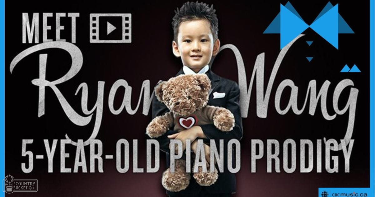 Ryan Wang, a toddler in a formal suit holding a teddy bear with a heart, against a dark promotional backdrop.