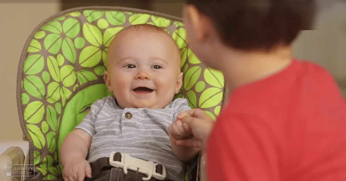 An infant in a high chair with a gray striped shirt and harness, accompanied by another child in a red shirt indoors.