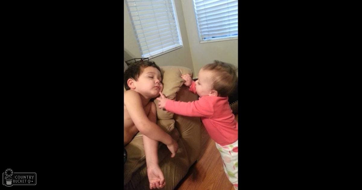 Two toddlers interacting indoors with a brown couch and white blinds in natural daylight, suggesting spring or summer.