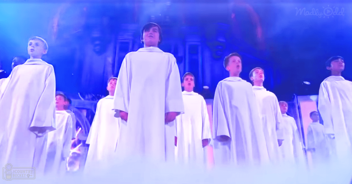 A choir of children in white robes performing in a church setting, suggesting a serene religious service during daytime with soft natural light filtering through windows.