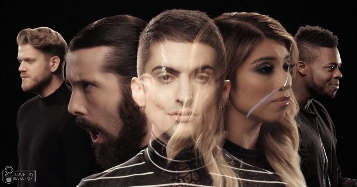Group of five adults in front of a dark studio background; two males wear black turtleneck sweaters with white stripes, one male wears a dark-colored shirt with hoop earrings on both ears, another female wears the same type of sweater with hoop earrings.