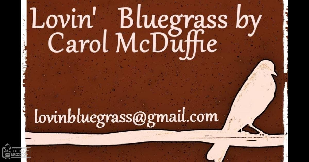 A white silhouette bird, possibly a sparrow, perched on a branch with 'Lovin' Bluegrass by Carol McDuffie' text above it and brown textured background.