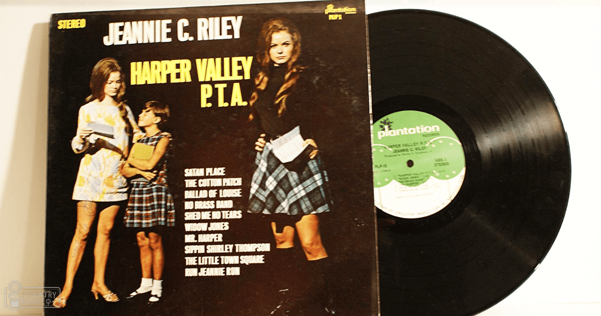 Jeannie C. Riley's album 'Harper Valley P.T.A.' with a young adult female in a floral dress and a child in a plaid skirt set against a plain white backdrop, evenly lit without seasonal indicators.