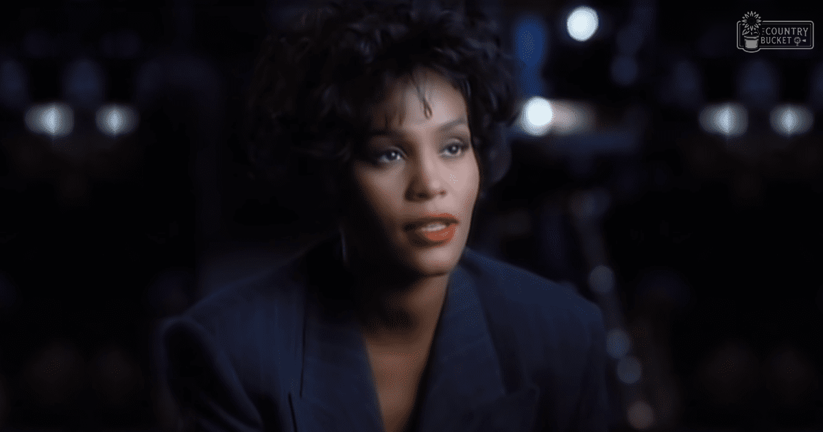 An adult female in a dark blue blazer with a tailored fit and low-cut neckline, set against a blurred stage-like background with dark and red tones.