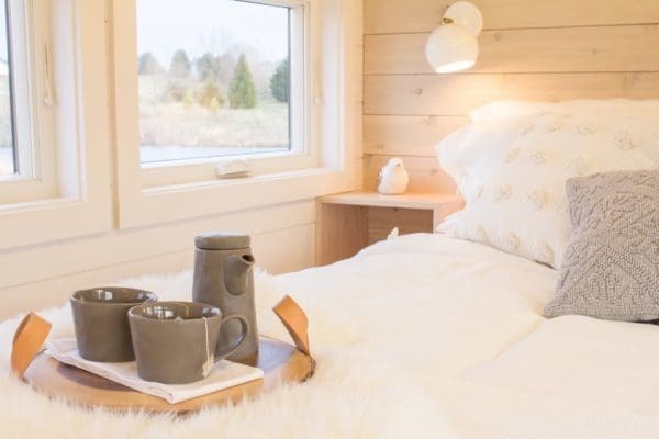 Cozy bedroom scene with rustic furniture, large windows letting in natural light during late fall or early spring.